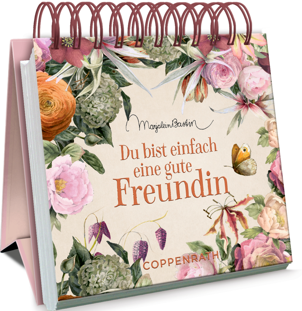 Florales Spialaufstellbuch mit dem Text „Du bist einfach eine gute Freundin“ und einer Schmetterlingsillustration.