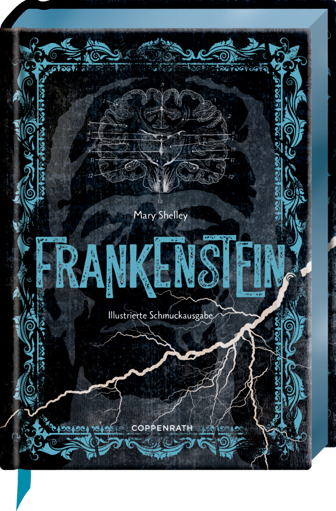 Frankenstein-Buchcover mit Gehirnillustration, blauem Rand, Blitzen und alles auf schwarzem Hintergrund.