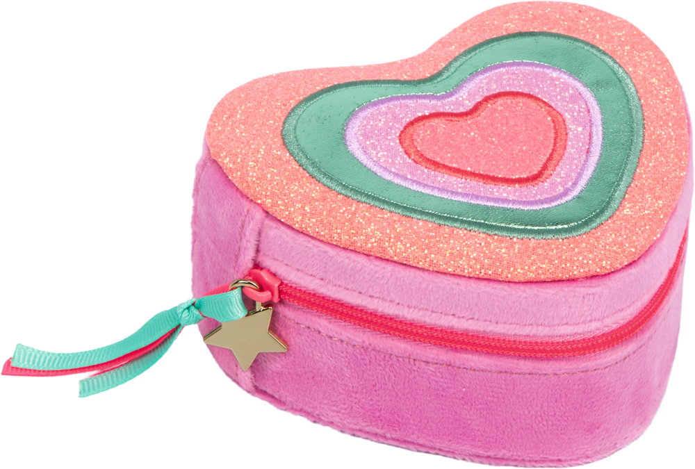 Herzförmige pinke Box mit Reißverschluss, mehrfarbigen Glitzerherzen auf dem Deckel und Sternanhänger mit Bändern.