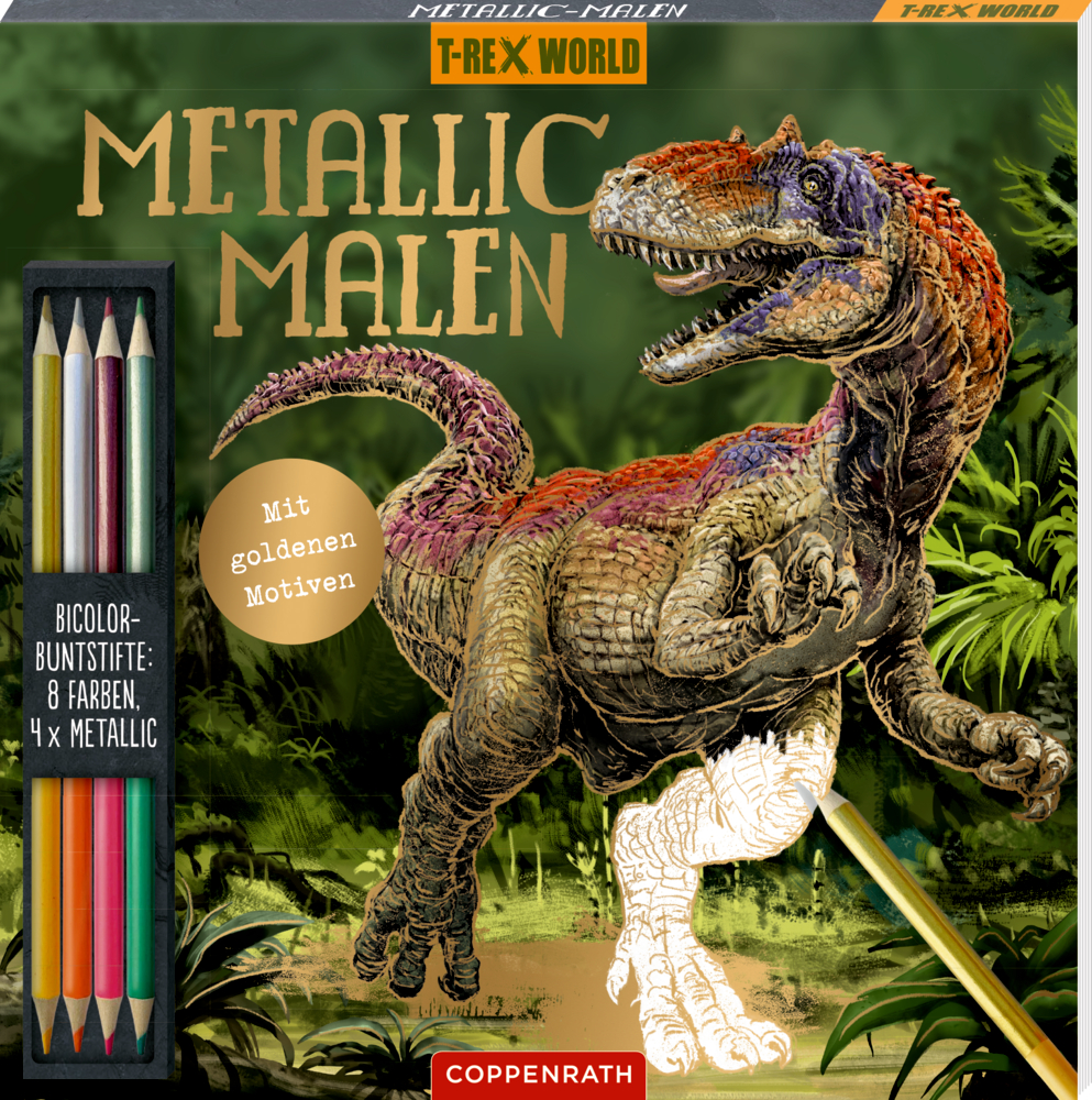 Malbuch-Cover mit metallischem T-Rex, Buntstiften und dem Titel „METALLIC MALEN“.