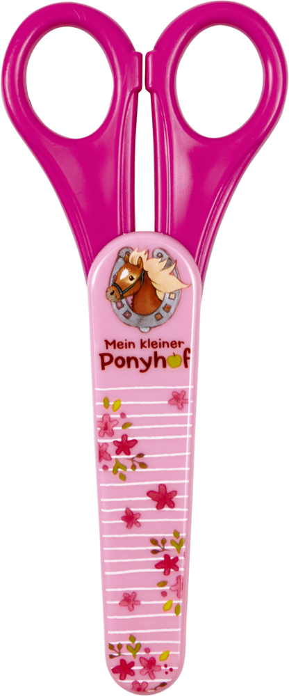 Rosa Kinderschere mit Pferdeillustration, Blumenmuster und „Mein kleiner Ponyhof“-Schriftzug auf dem Griff.