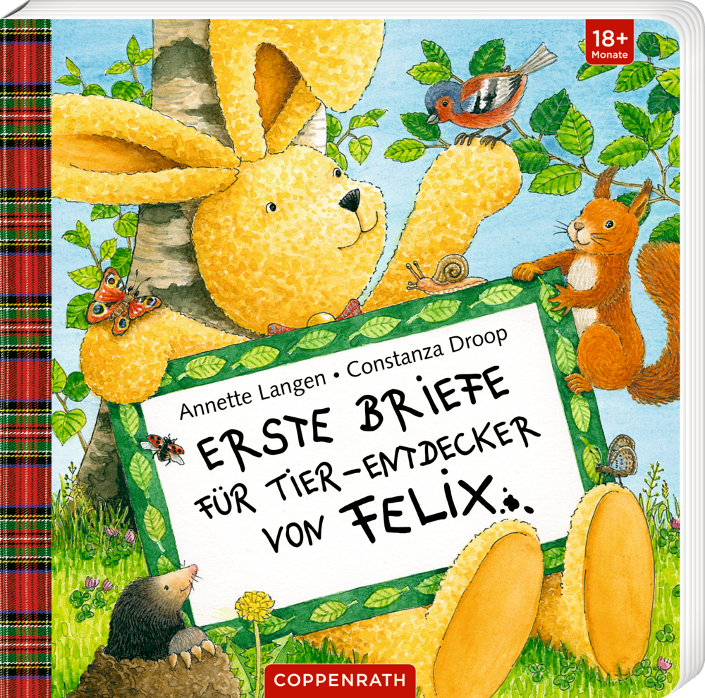 Ein gelber Plüschhase hält ein Schild mit tierischen Freunden in einer lebendigen, farbenfrohen Waldszene auf dem Cover von "Erste Briefe für Tier-Entdecker von Felix".