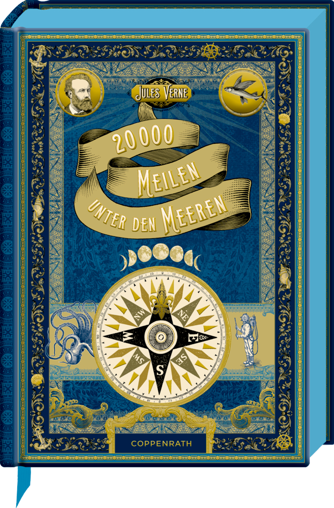 Kunstvolles blau-goldenes  Cover von 20.000 Meilen unter den Meeren von Jules Verne mit Kompassdesign.