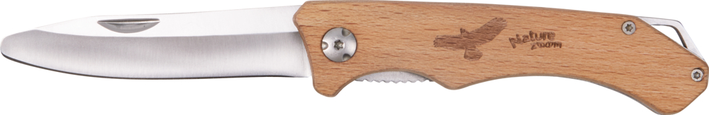 Teilweise geöffnetes Klapptaschenmesser mit Holzgriff und Klinge aus rostfreiem Stahl.