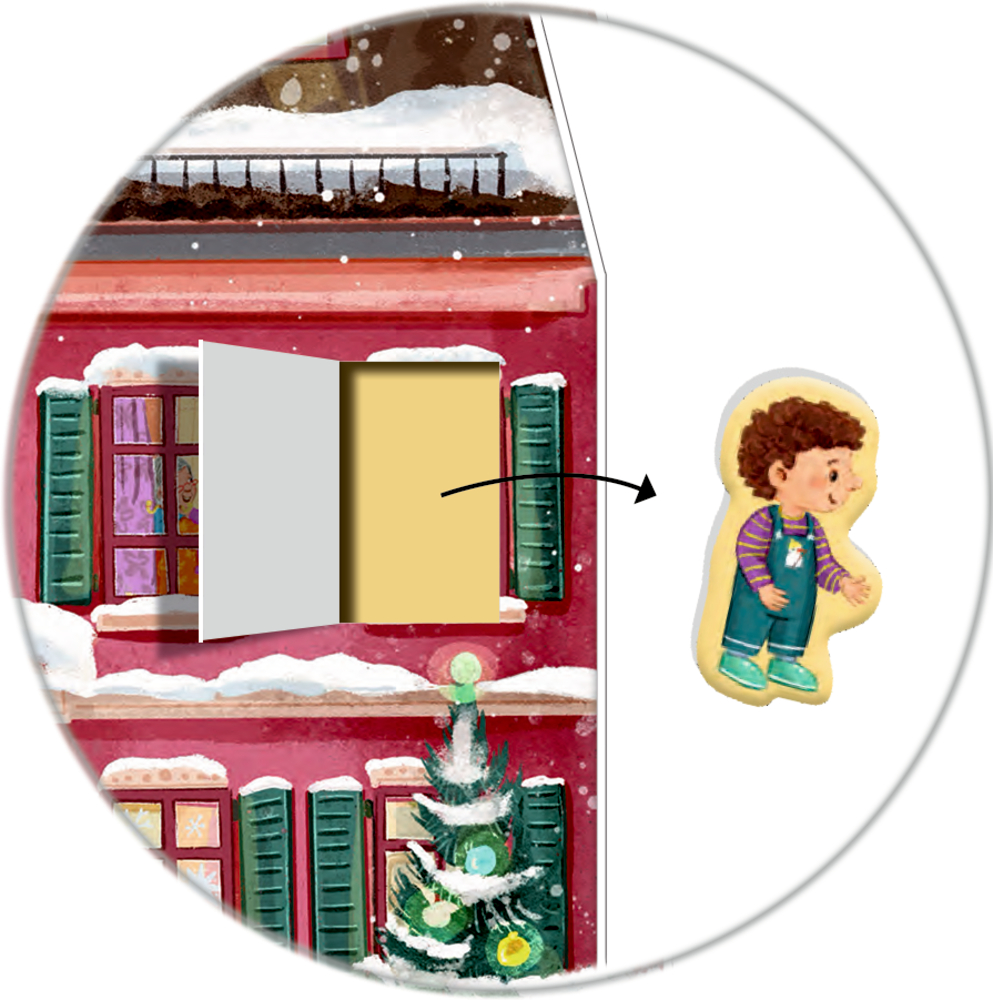 Geöffnetes Fenster eines Adventskalenders an rotem Haus mit Tannenbaum und Magnetfigur in Form eines Kindes.