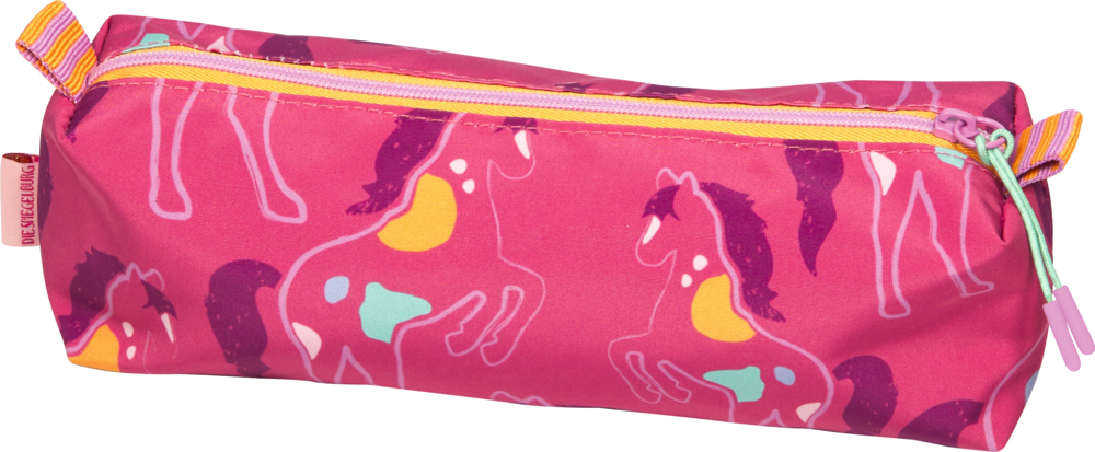 Pinkfarbenes Stifte-Etui mit  Pferdemotiven, orangfarbenem Reißverschluss und blau gestreiftem Innenfutter in der Detailansicht.