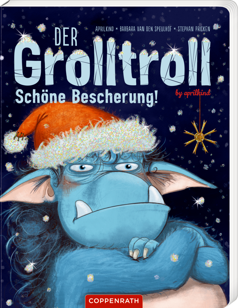 Mürrischer blauer Troll mit Weihnachtsmannmütze, verschränkten Armen, Schneeflocken und einem Stern im Hintergrund.