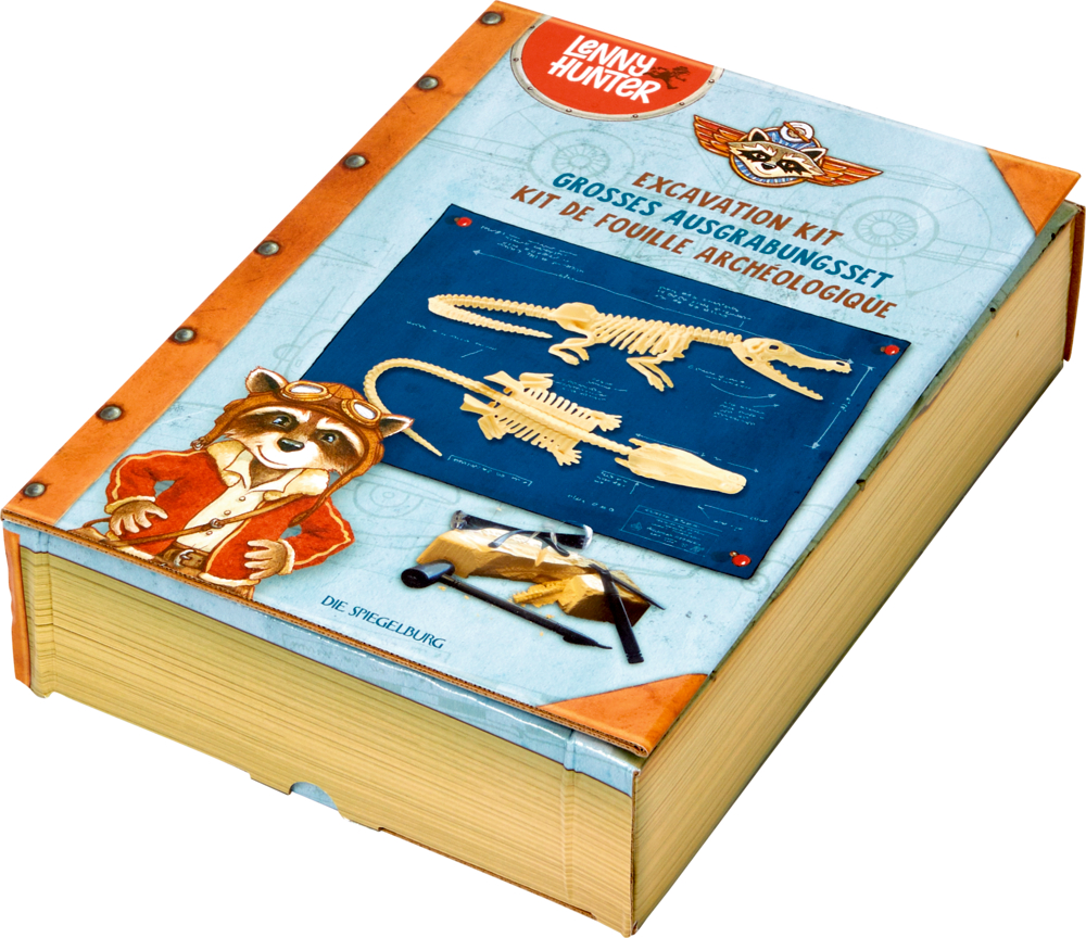 Pappschachtel in Buchform mit Dinosaurierskelett-Puzzle und Waschbär im Abenteurer-Outfit.