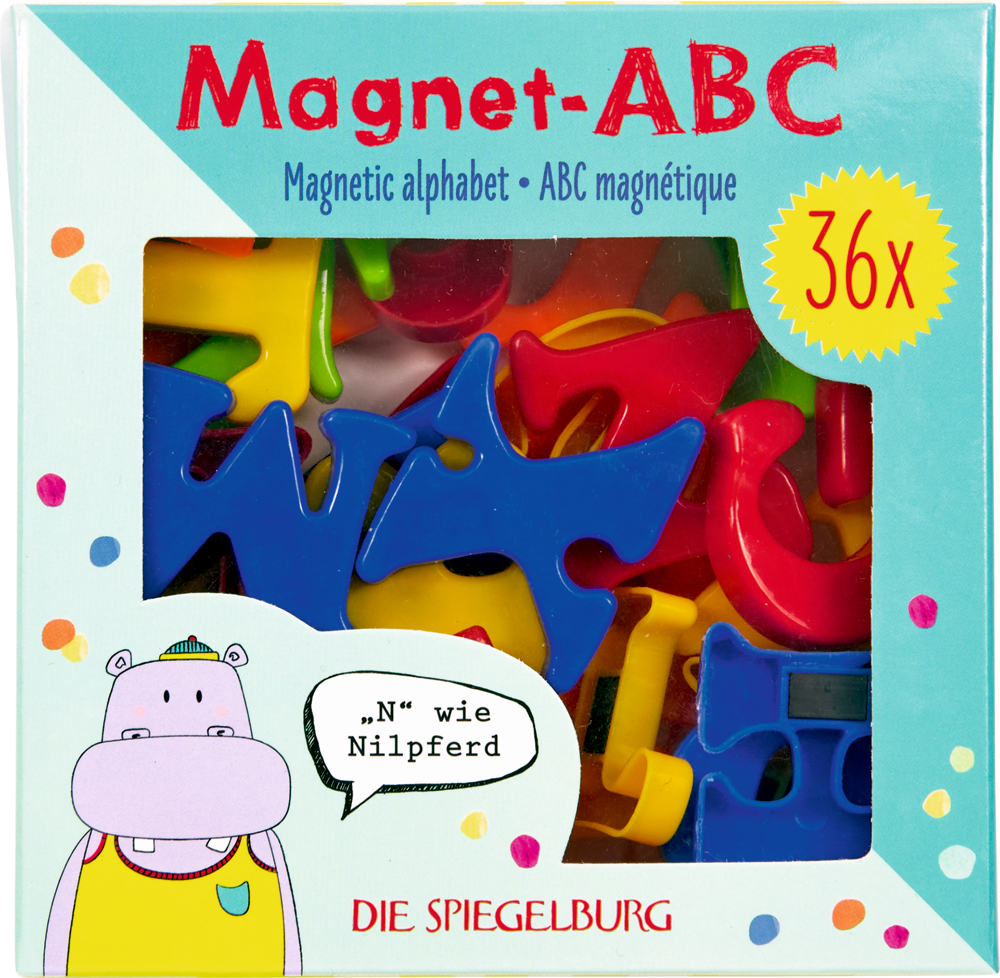 Bunte Schachtel mit Magnetbuchstaben, Aufschrift Magnet-ABC, Zeichnung eines Nilpferds.