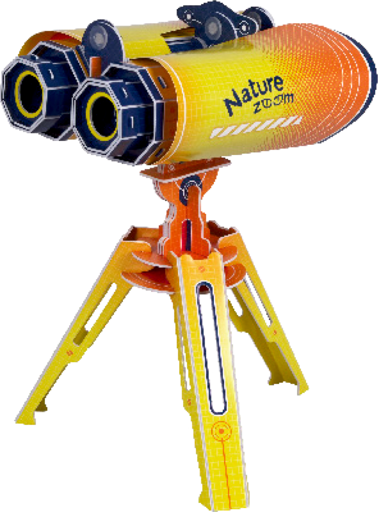 Gelb-orangefarbenes Doppelfernrohr aus Pappe mit der Aufschrift „Nature Zoom“ auf einem dreibeinigen Stativ.