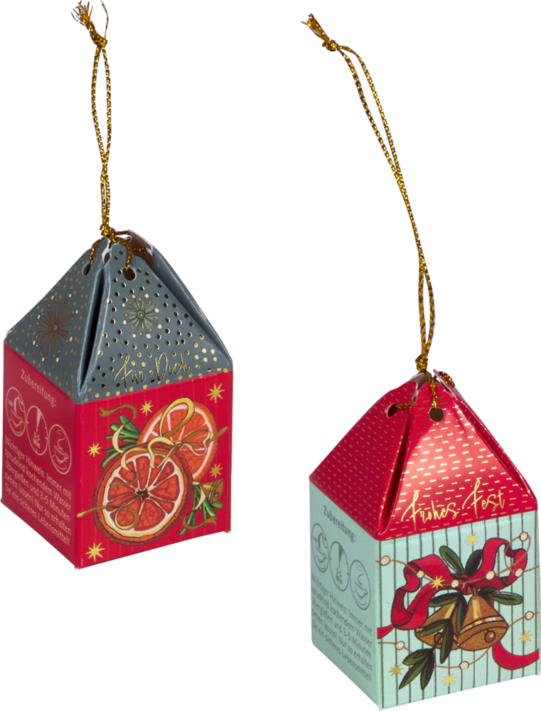 Zwei kleine Geschenkboxen in Hausform mit goldener Schnur, weihnachtlichen Motiven und roten sowie grauen Dächern.