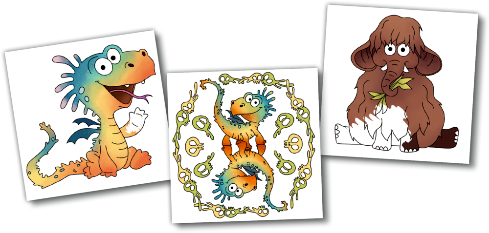 Drei Comic-Tiere: ein bunter Drache, ein braunes Mammut und gespiegelte Drachen, alle innerhalb einer dekorativen Umrandung, auf verschiedenen Ausmalbildern abgebildet.
