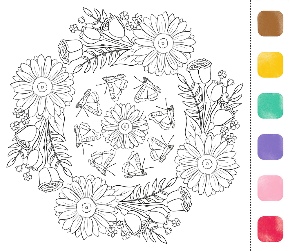Schwarz-weißes Blüten-Mandala mit Schmetterlingen. Daneben sechs senkrechte Farbfelder: Braun, Gold, Gelb, Türkis, Lila, Rosa.