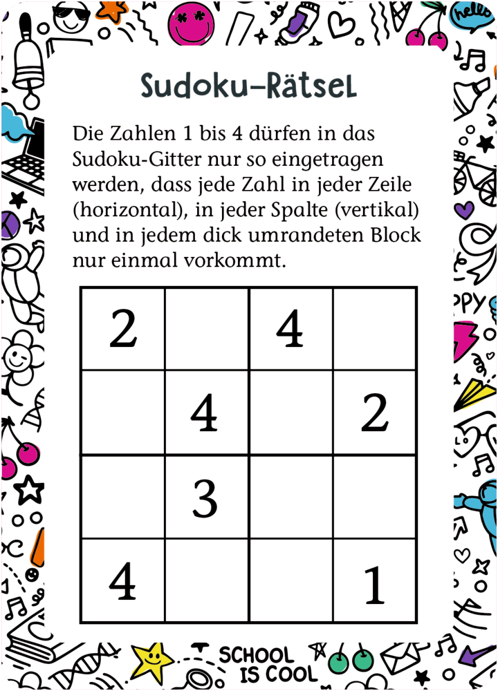 Sudoku mit Zahlen 1-4, teils ausgefüllt, bunter Schulrand mit Symbolen.