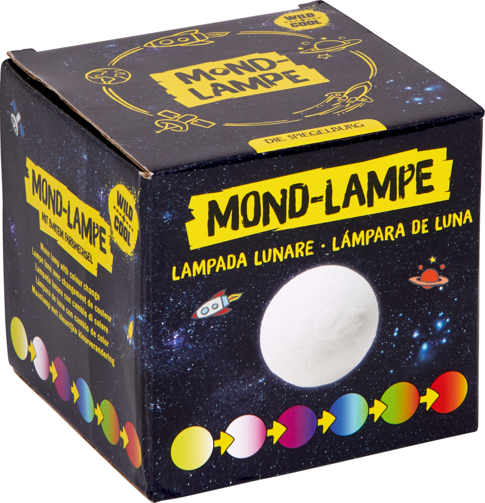 Mond-Lampe-Box mit Weltraumgrafiken und bunten Mondphasensymbolen.