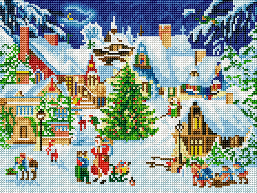 Kreuzstichbild eines verschneiten Weihnachtsdorfes mit einem Baum in der Mitte und feiernden Menschen.