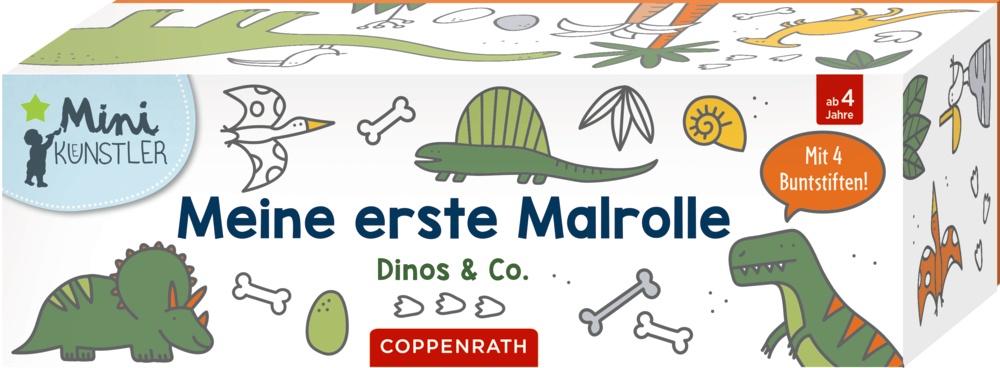 Bunte Box mit Dinosaurier-Illustrationen, beschriftet mit „Meine erste Malrolle – Dinos & Co.“, inkl. 4 Buntstiften.