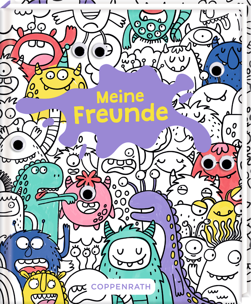 Bunt illustriertes Kinderbuch mit vielen fröhlichen Monsterfiguren und dem Titel „Meine Freunde“.