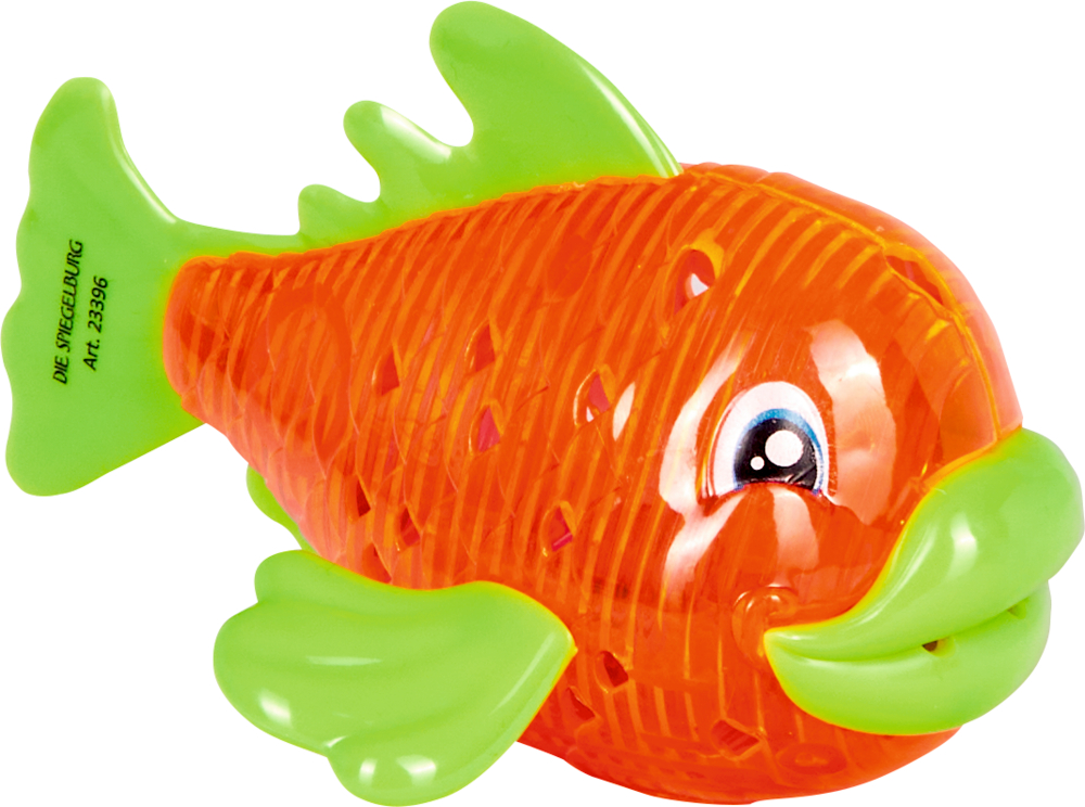 Orange-grüner Plastikfisch mit großem Auge und strukturierter Oberfläche, nach rechts zeigend.