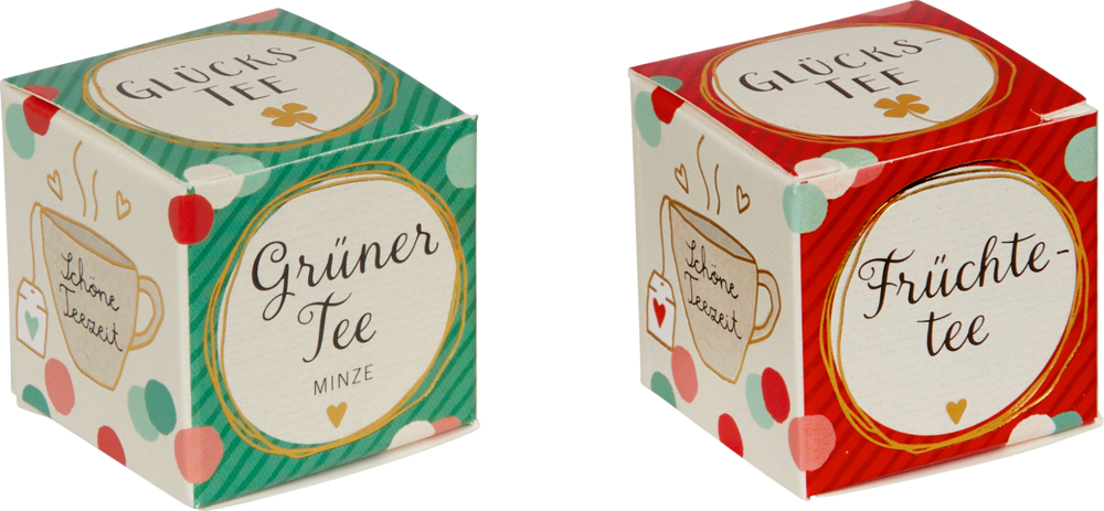 Zwei farbenfrohe Teeschachteln mit der Aufschrift „Grüner Tee“ und „Früchtetee“.