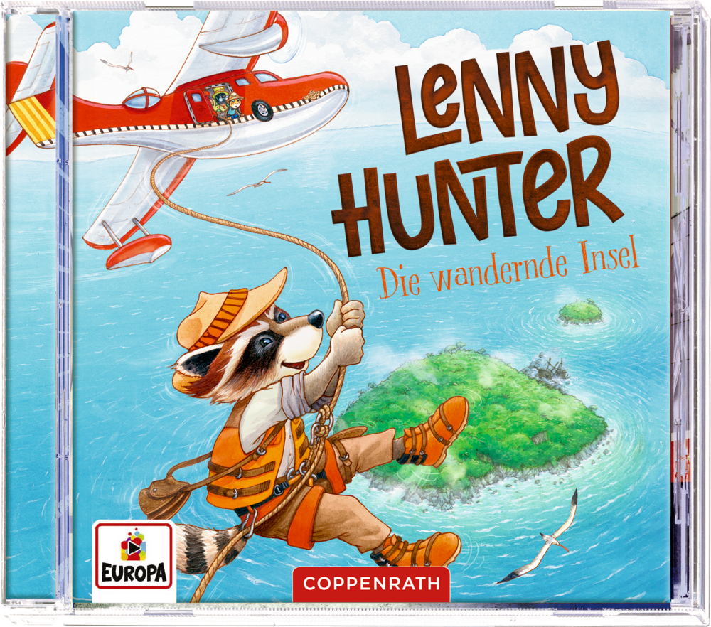 CD-Cover: Waschbär-Forscher hängt aus einem Flugzeug über einer Insel. Titel: Lenny Hunter.