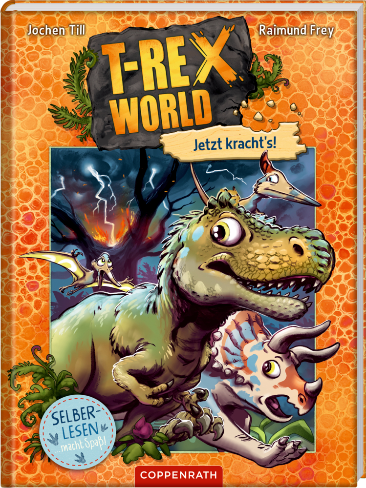 T-Rex und andere Dinosaurier in einer lebendigen, actionreichen Urzeit-Szene, Cover des Buches „T-Rex World“.