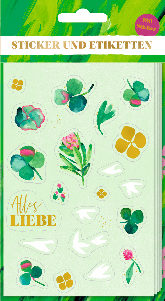 Bogen mit Aufklebern: Kleeblätter, Blumen, Blütenblätter und die Worte Alles Liebe auf grünem Hintergrund.