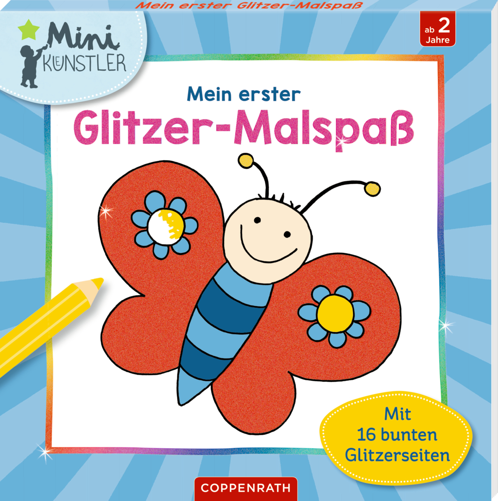 Lächelnder Cartoon-Schmetterling mit roten Flügeln und  Text, umgeben von bunten Verzierungen auf einem Malbuchcover.