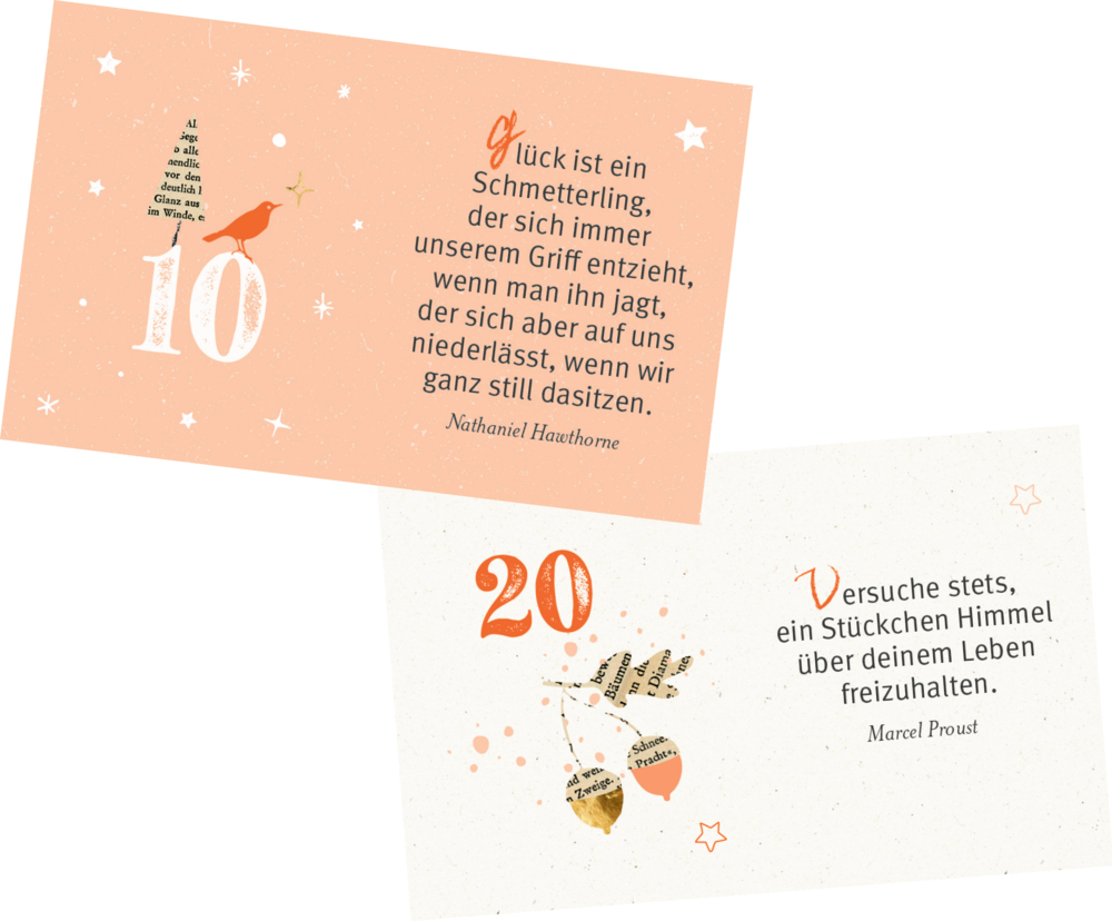 Zwei pastellfarbene Karten mit den Zahlen 10 und 20, dekoriert mit Vogel-, Stern- und Blättergrafiken sowie Zitaten.