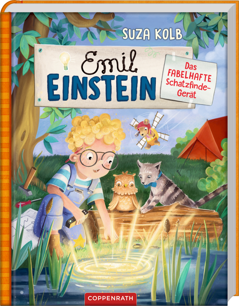 Junge mit Brille und Locken erkundet einen Teich mit Tieren; Buchcover für „Emil Einstein“.