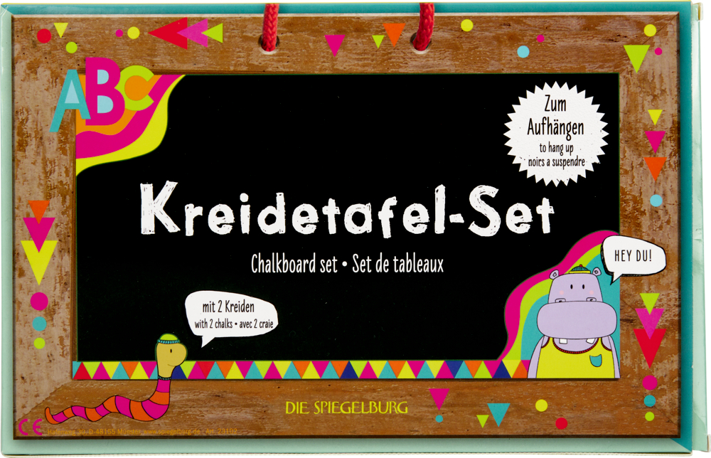 Bunte Kreidetafel-Box mit gezeichneter Schlange, Nilpferd und ABC-Buchstaben.
