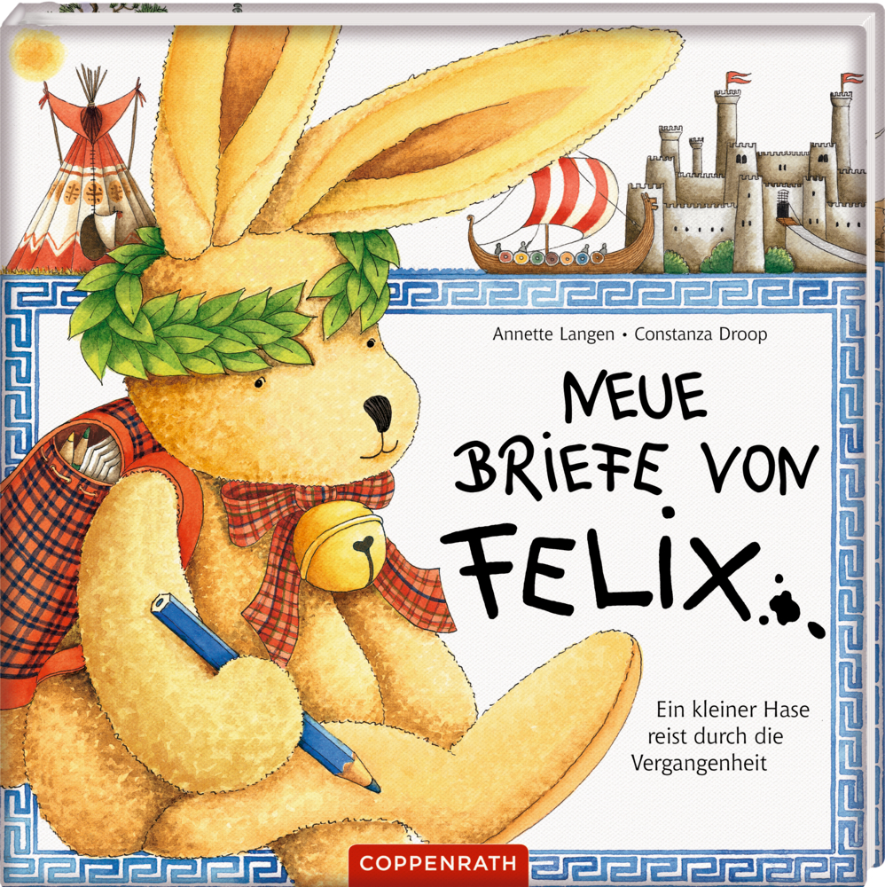Gelber Hase mit Lorbeerkranz vor den Augen hält einen Bleistift, umgeben von historischen Bildern und Text.