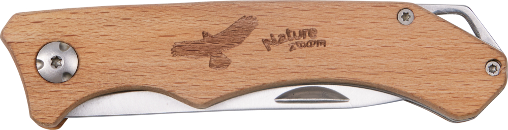Klappmesser mit Holzgriff, eingraviert mit einem Vogel und „Naturzoom“.