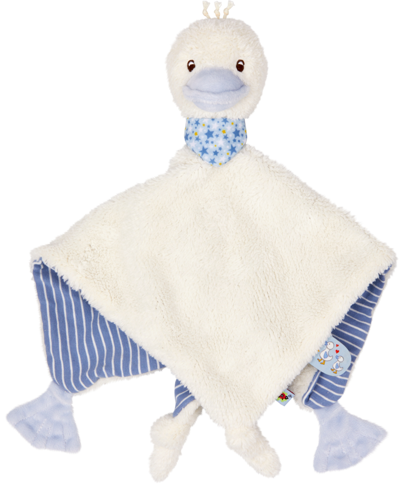 Plüsch-Babyschmusetuch in Entenform mit weißem Körper, blauem Schnabel und blau gestreiften Füßen und Ecken.
