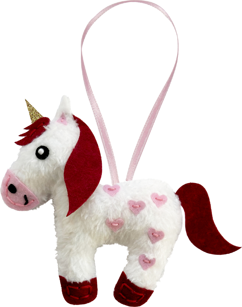 Plüsch-Einhorn in Weiß mit roter Mähne, Schweif und Hufen, rosa Herzen auf dem Körper und goldfarbenem Horn, mit rosa Aufhänger.
