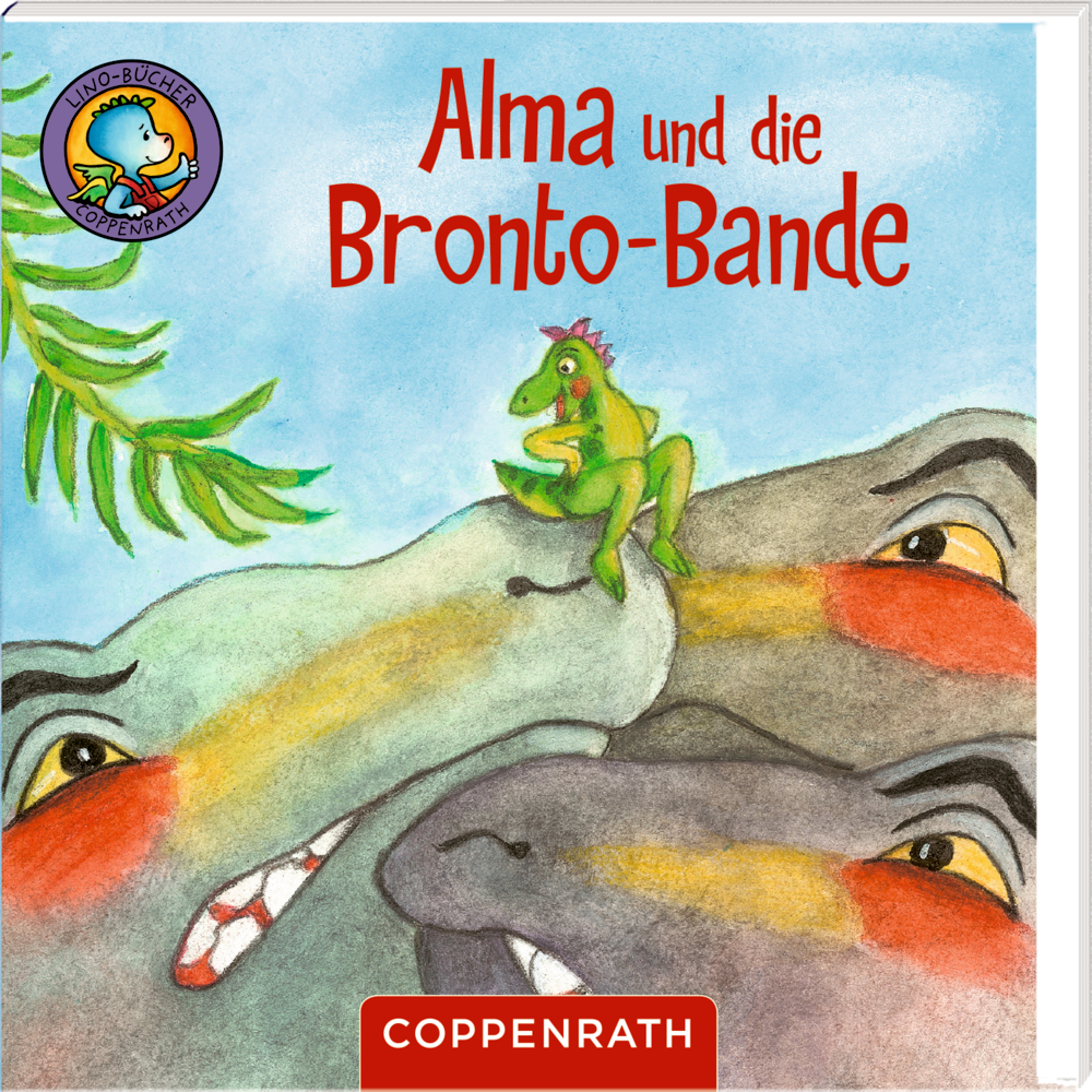 Ein überraschtes Kind im Bett und zwei Hunde, die unter der Decke hervorschauen, entdecken einen -T-Rex, auf dem Cover von "Fang den T-Rex!".