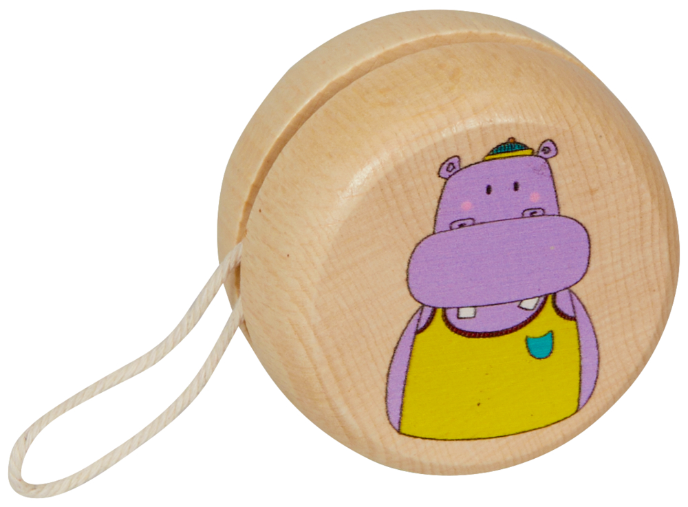 Jo-Jo aus Holz mit Schnur, auf einer Seite ist ein Cartoon-Nilpferd in einem gelben Tanktop aufgedruckt.