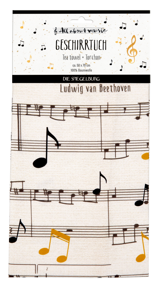 Geschirrtuch mit Musiknoten und „Ludwig van Beethoven“-Aufdruck in Schwarz.
