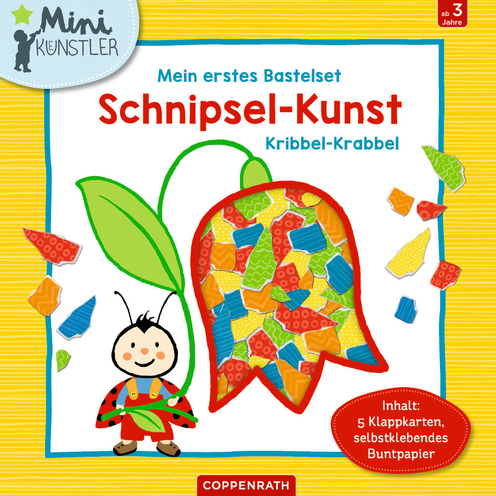 Auf dem Cover eines Kinderbastelsets steht ein fröhlicher Marienkäfer neben einer bunten Mosaikpapierblume.