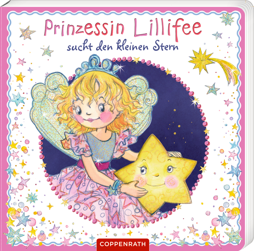 Feenprinzessin hält einen lächelnden Stern, umgeben von bunten Sternen, auf dem Cover von "Prinzessin Lillifee sucht den kleinen Stern".