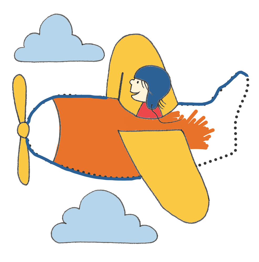 Illustration einer Person in einem orange-gelben, unvollständig ausgemalten Flugzeug, umgeben von blauen Wolken.