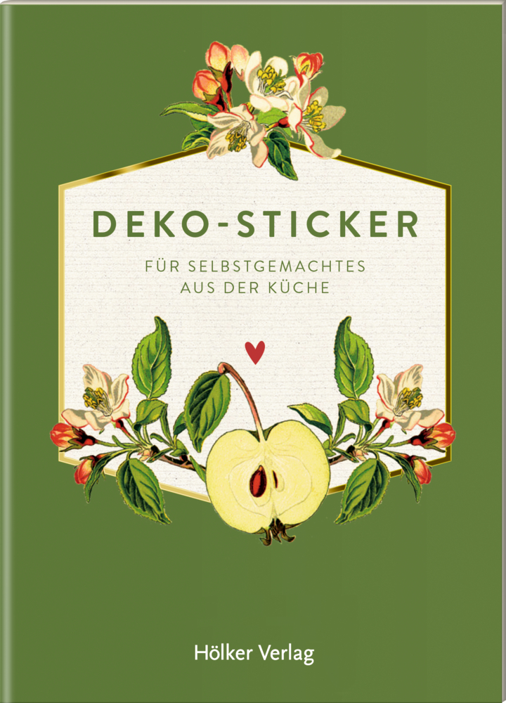 Grüner Bucheinband mit Apfel- und Blumenkunst, betitelt „Deko-Sticker für Selbstgemachtes aus der Küche“.