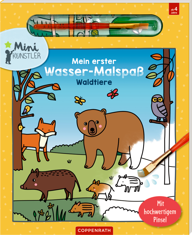 Bilderbuchcover mit halb ausgemalter Tierszene und eingesetztem Pinsel oben.