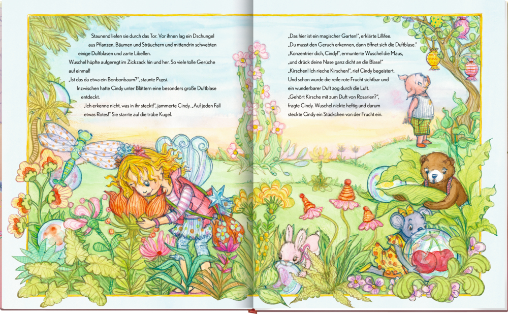 Illustration von einer Feen Prinzessin mit ihren tierischen Freunden im Zaubergarten, auf einer Doppelseite mit Text.