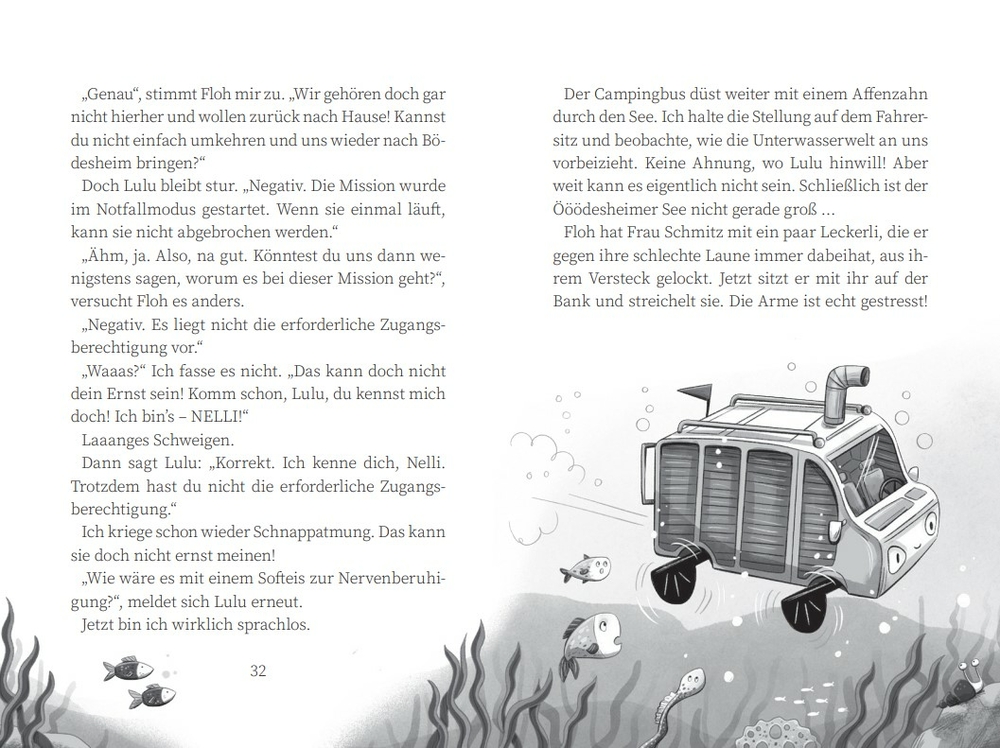 Schwarz-weiß Zeichnungen: Ein winkendes Mädchen, ein geöffneter Koffer und rechts eine überforderte Familie mit unzähligen Ringbüchern.