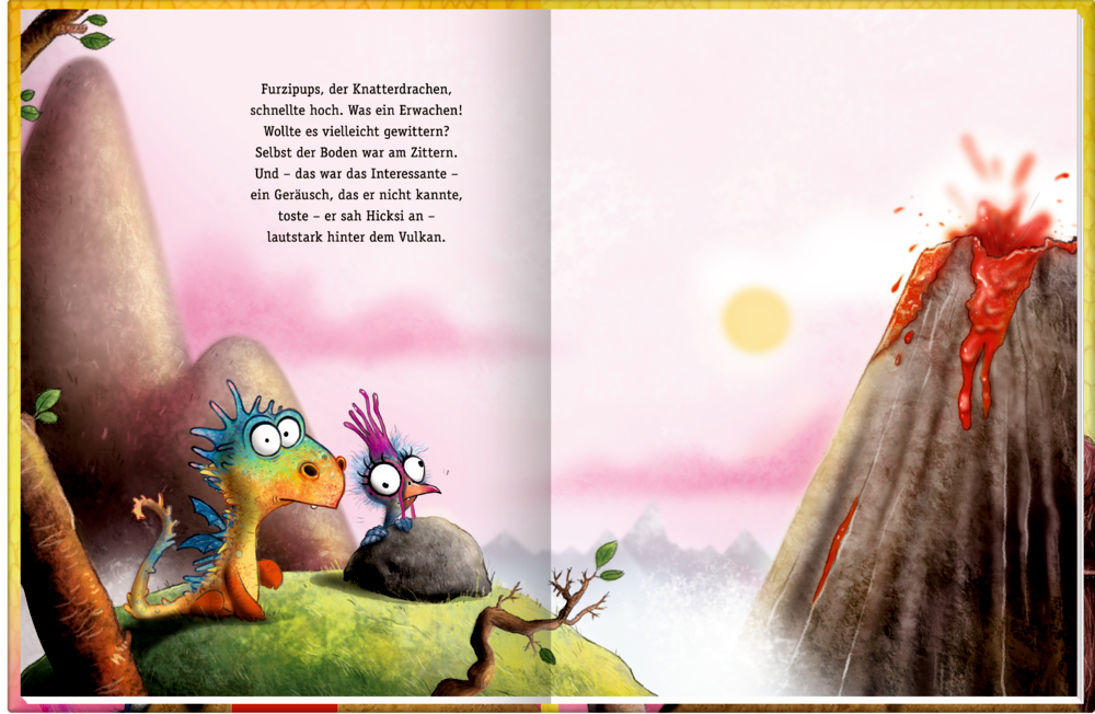 Doppelseite auf der ein Huhn und ein niedlicher Drache zusammen auf einem HÃ¼gel sitzen underschrocken einen Vulkanausbruch im Sonnenuntergang bemerken, über ihnen befindet sich deutscher Text.