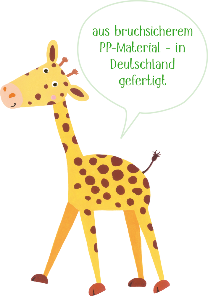 Eine illustrierte Giraffe mit Sprechblase sagt, dass sie aus bruchsicherem Polypropylen besteht.