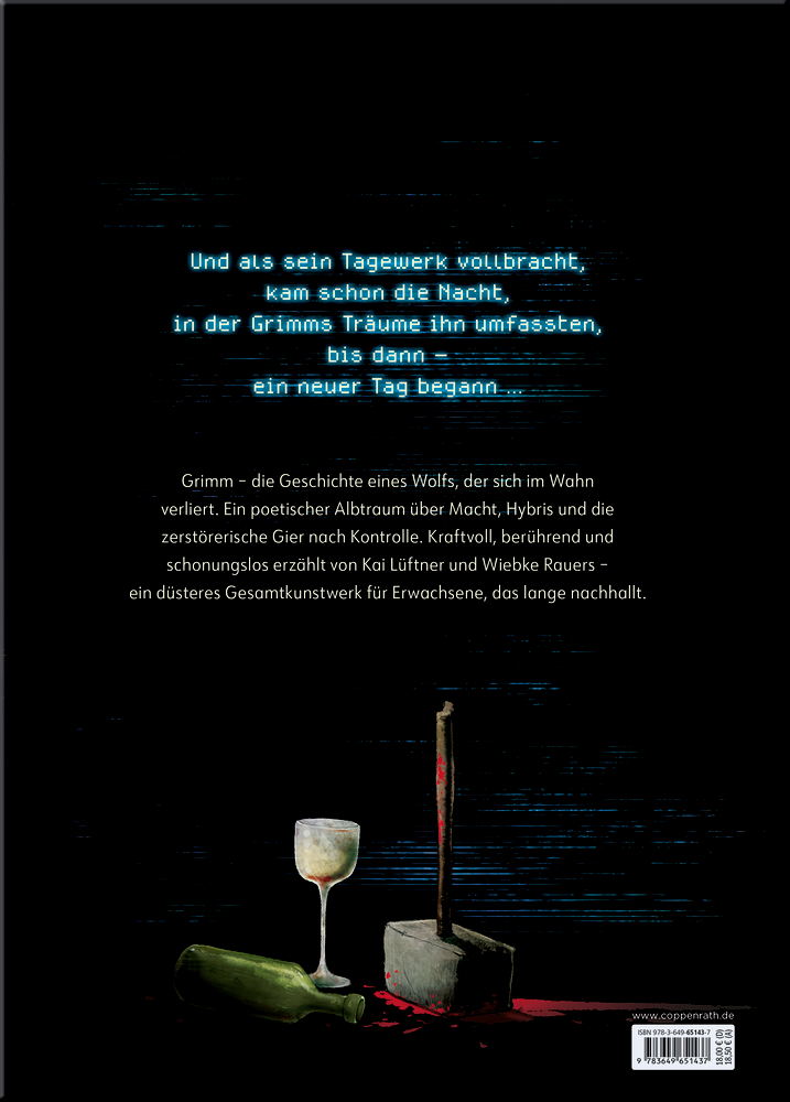Buchrückseite: Zerbrochene Flasche, Weinglas mit rotem Rand und blutverschmierter Hammer auf dunklem Hintergrund.