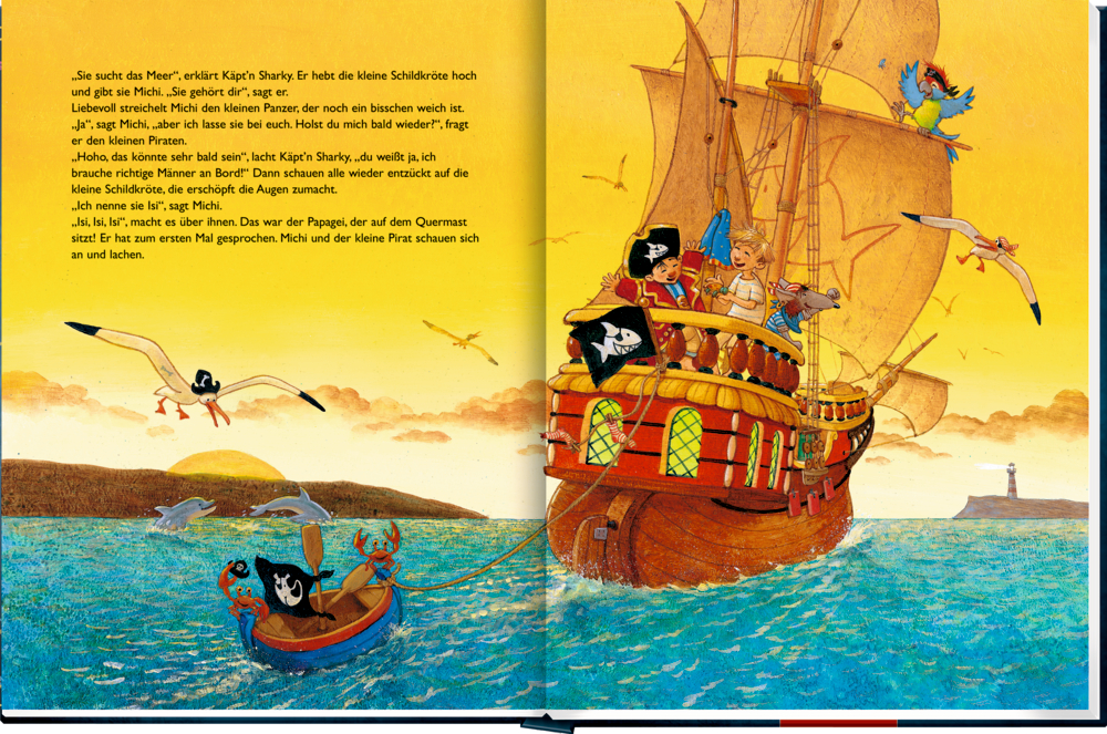 Piratenschiff mit Kindern, Papagei und Ratte auf dem Deck, kleines Boot mit Krebsen im Meer, Möwen und Delfine im Hintergrund.