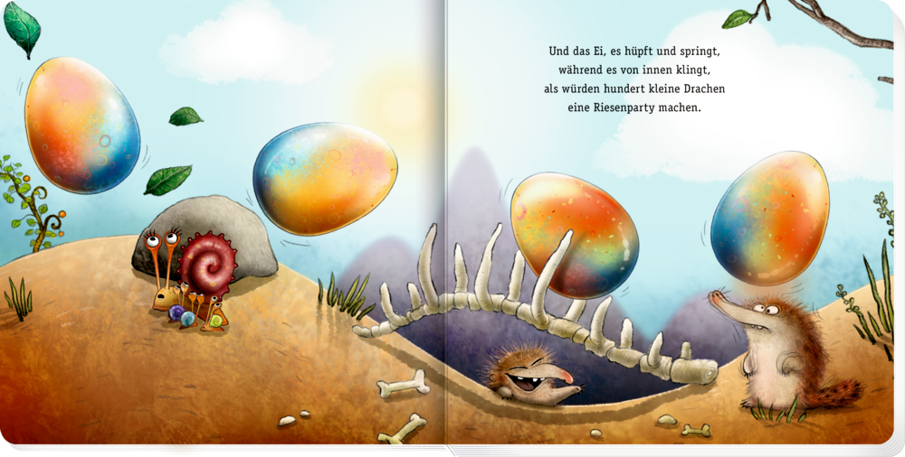 Vier bunte Eier kullern neben einem Igel und einer Schnecken in einer skurrilen, fröhlichen Szene im Freien, mit Text auf der Kinderbuchseite.